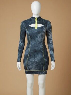Navy Tye Dye Bodycon Dress with Keyhole